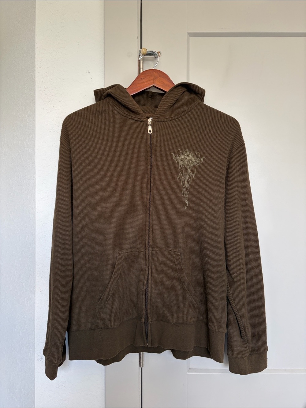 VINTAGE Y2K HARLEY-DAVIDSON WAFFLE KNIT ZIP-UP HOODIE OLIVE GREEN WOMEN’S XL